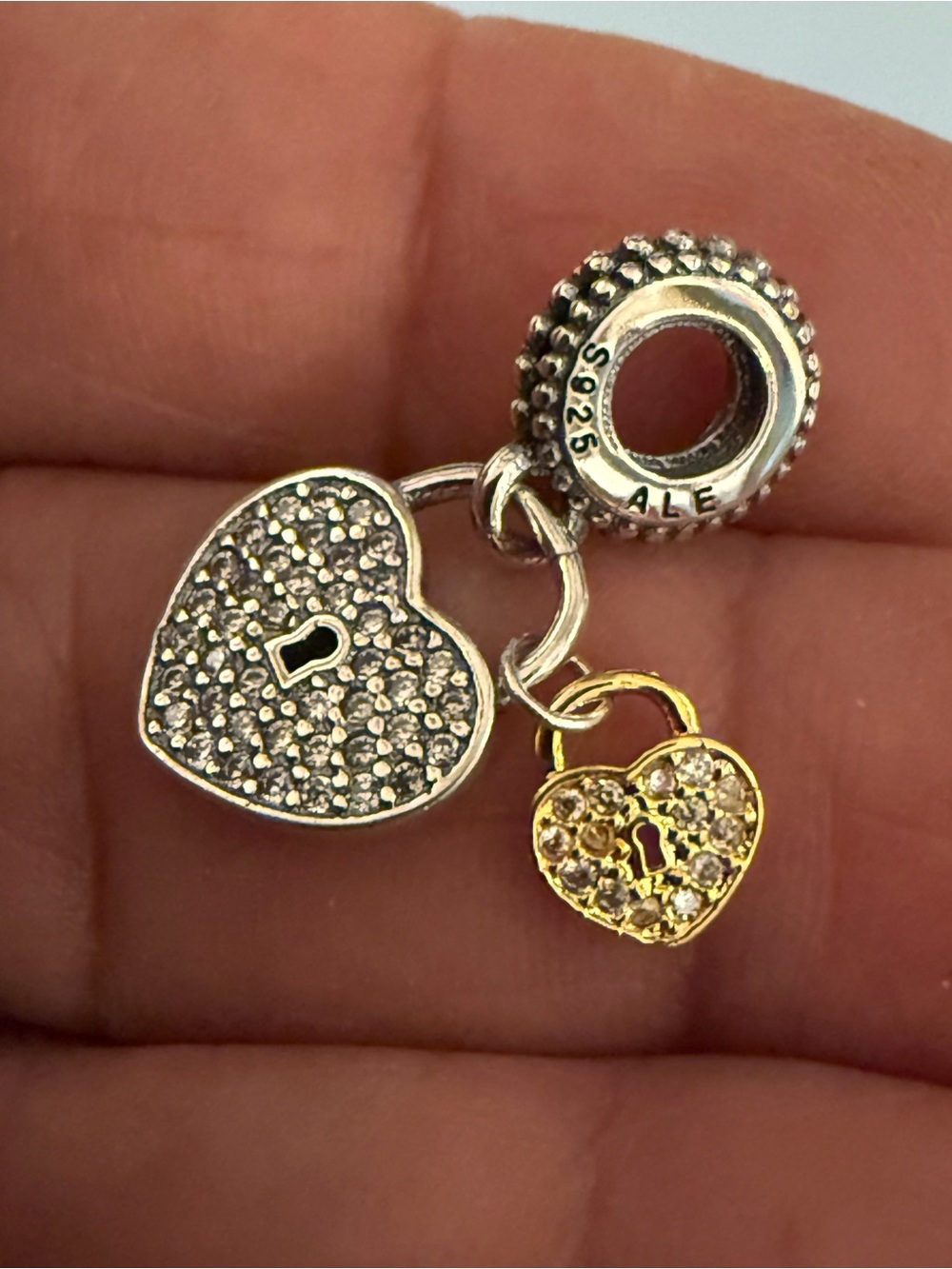 Pandora Two-Heart Lock Dangle Charm - Silver & Gold